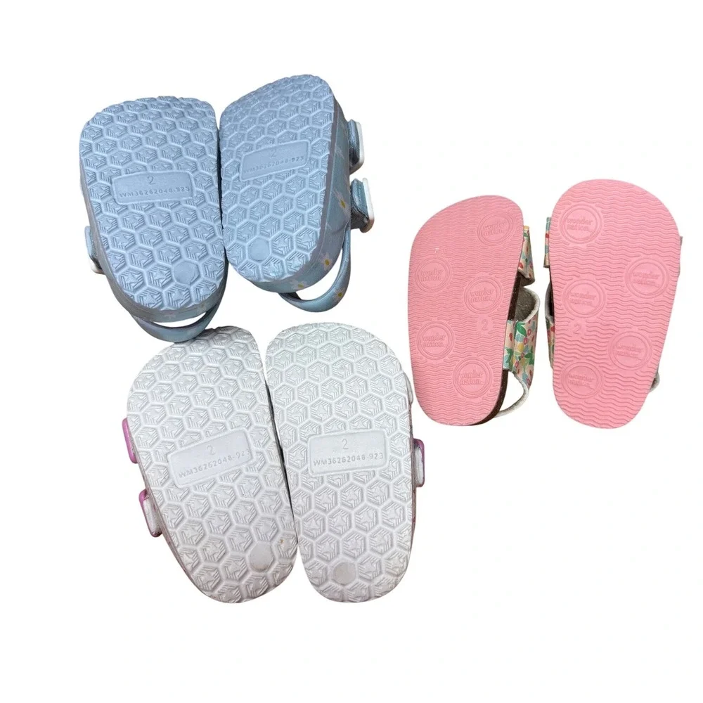 Wonder Nation‎ Infant Girls Floral Sandals Bundle 3 Pairs Size 2 Blue White Pink